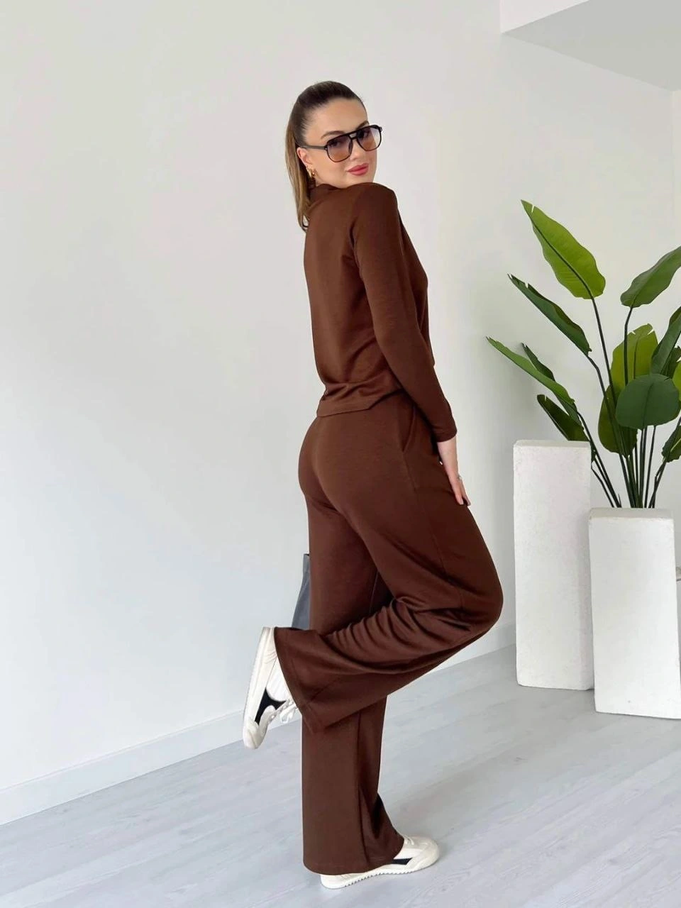 Polo yaka alt üst kollu modal takım kahve pt