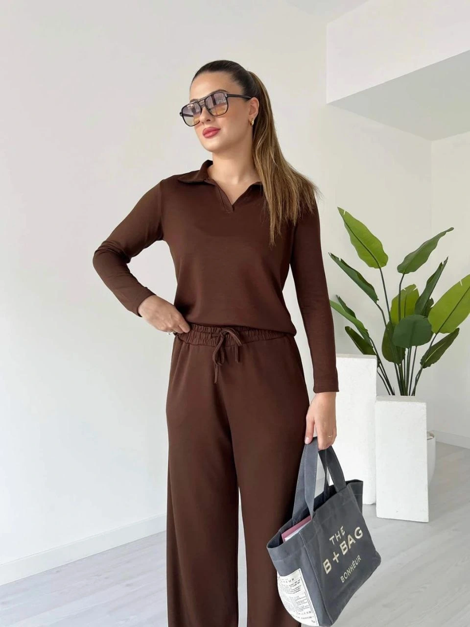 Polo yaka alt üst kollu modal takım kahve pt