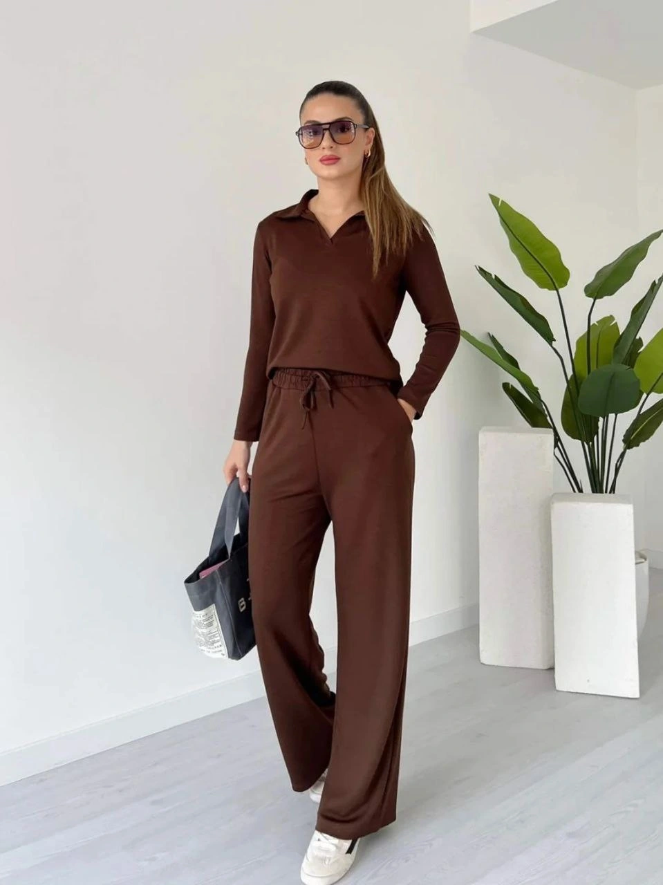 Polo yaka alt üst kollu modal takım kahve pt