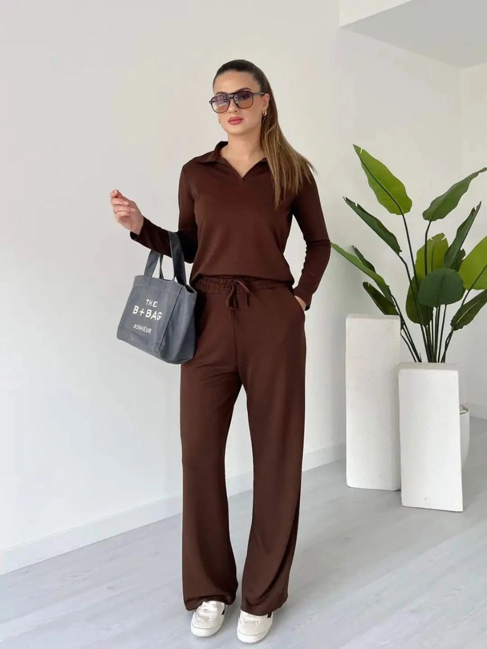 Polo yaka alt üst kollu modal takım kahve pt