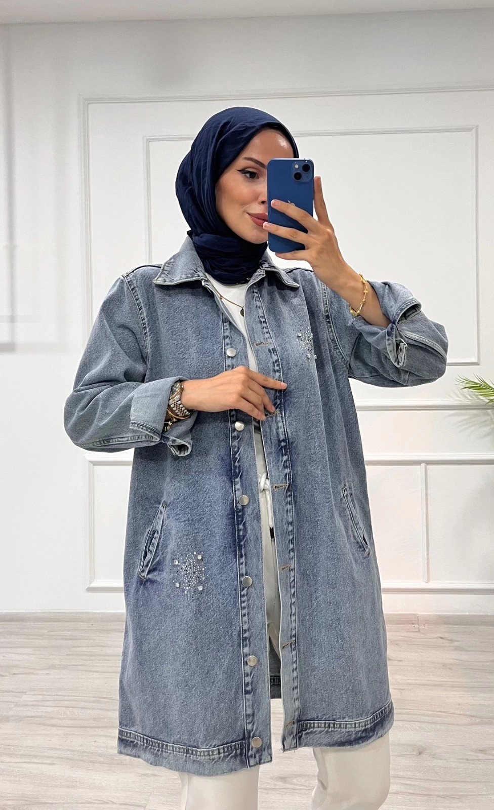 Taşlı tunik ceket kar yıkamalı mavi d2516