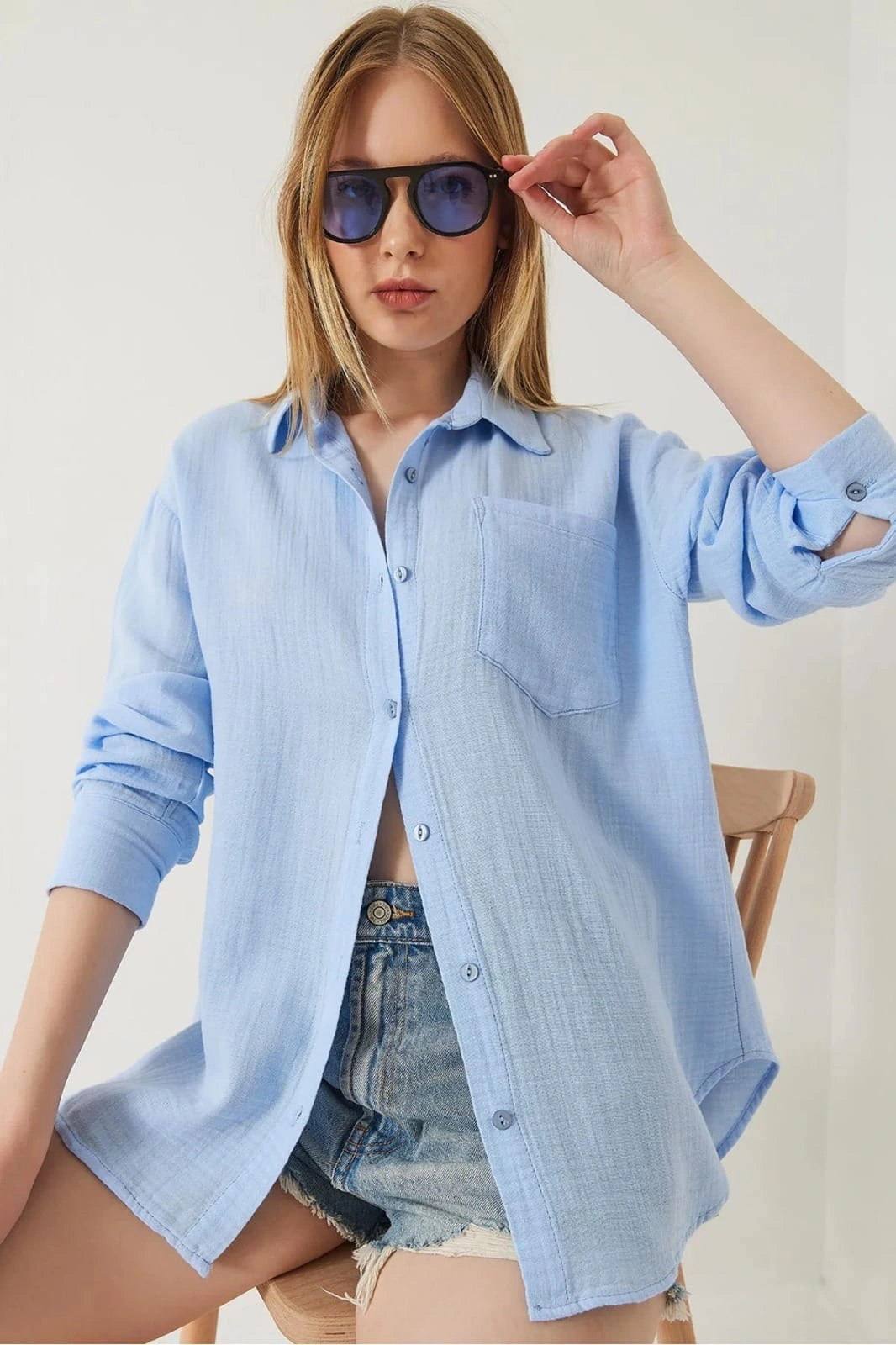 Tek cepli müslin gömlek mavi pt