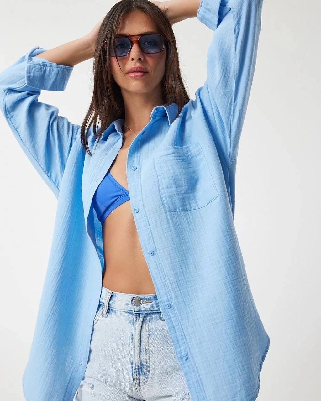 Tek cepli müslin gömlek mavi pt