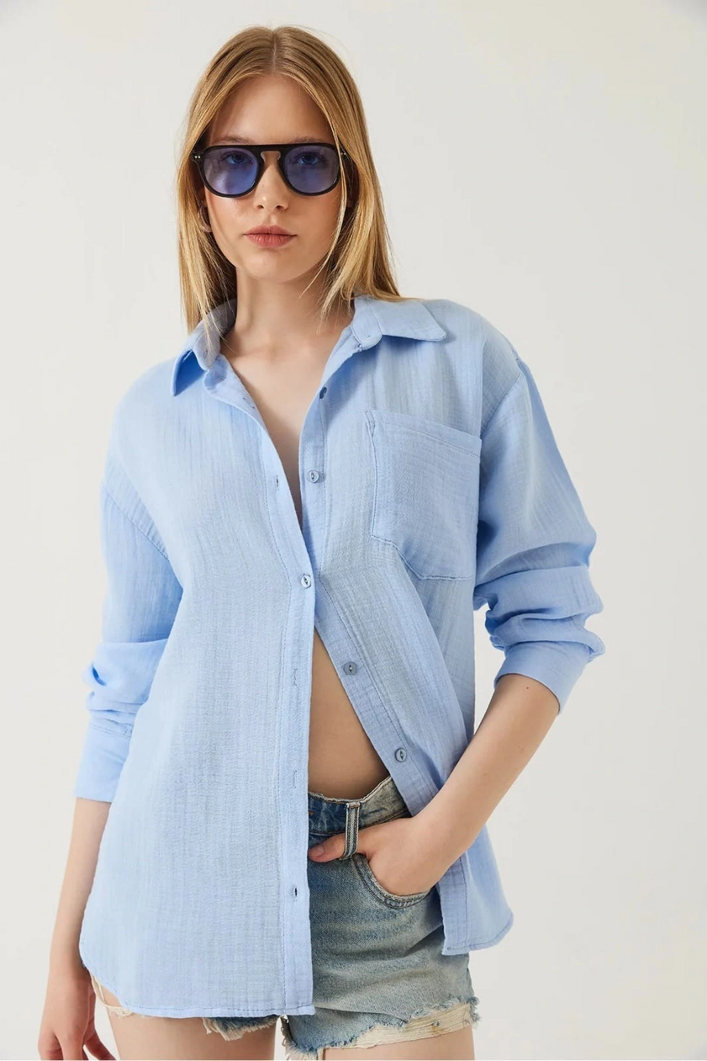 Tek cepli müslin gömlek mavi pt