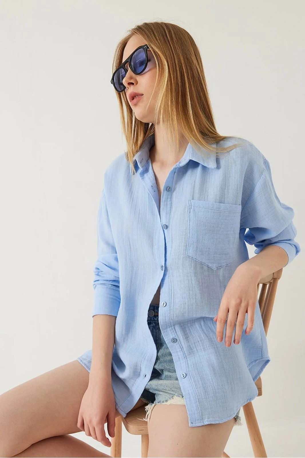 Tek cepli müslin gömlek mavi pt