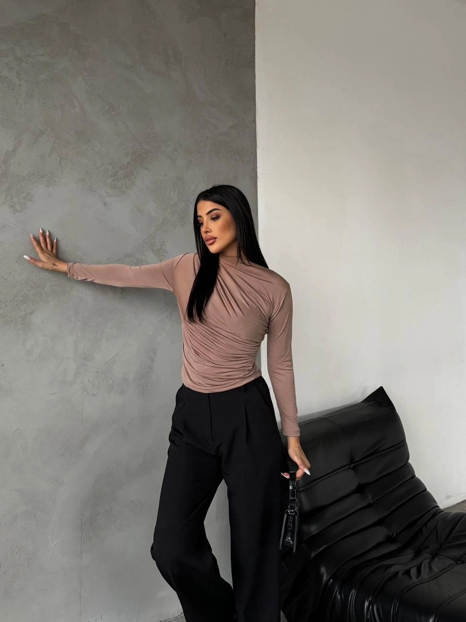 Yarım boğazlı bluz vizon f2245