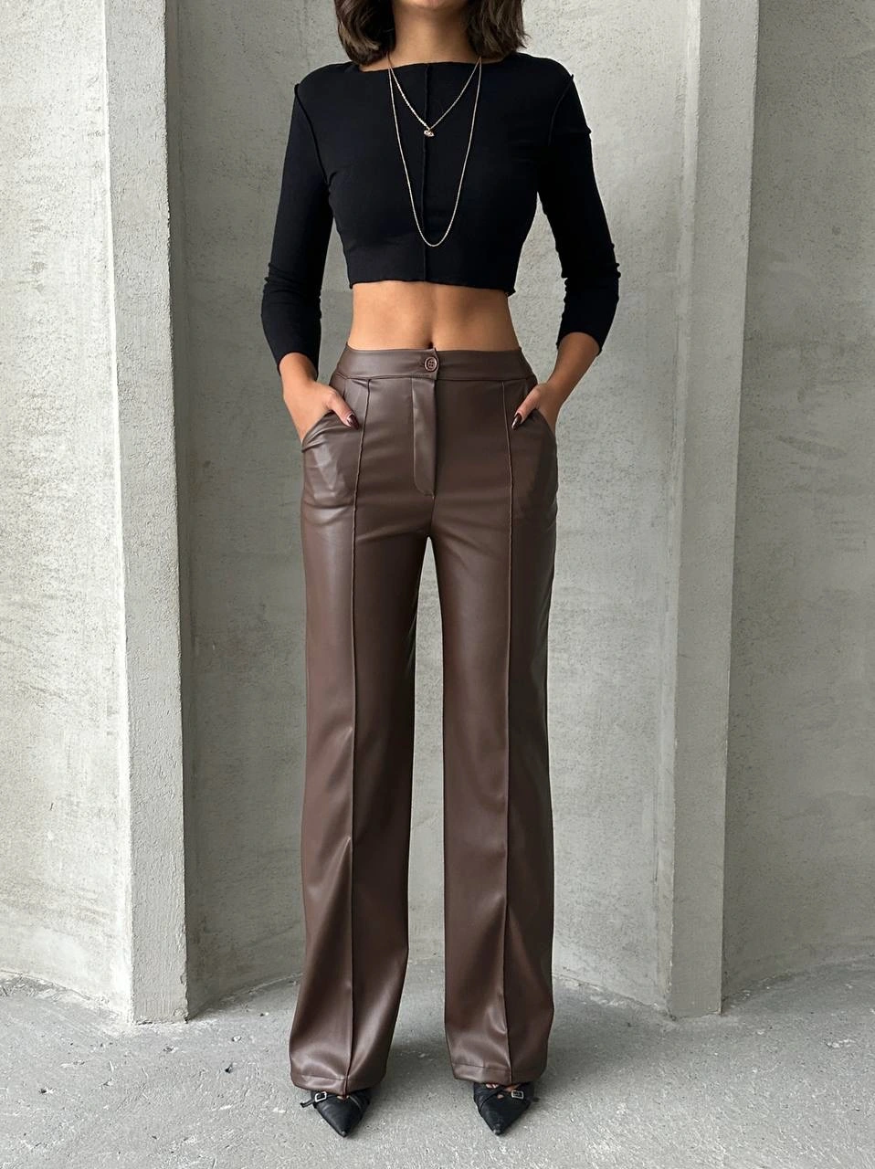 Zr deri palazzo pantolon kahve h24654